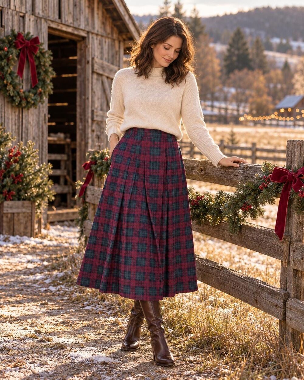 Vintage 90s Heritage Preppy Plaid Pleated Skirt, Burgundy Green Navy Pull On 12
